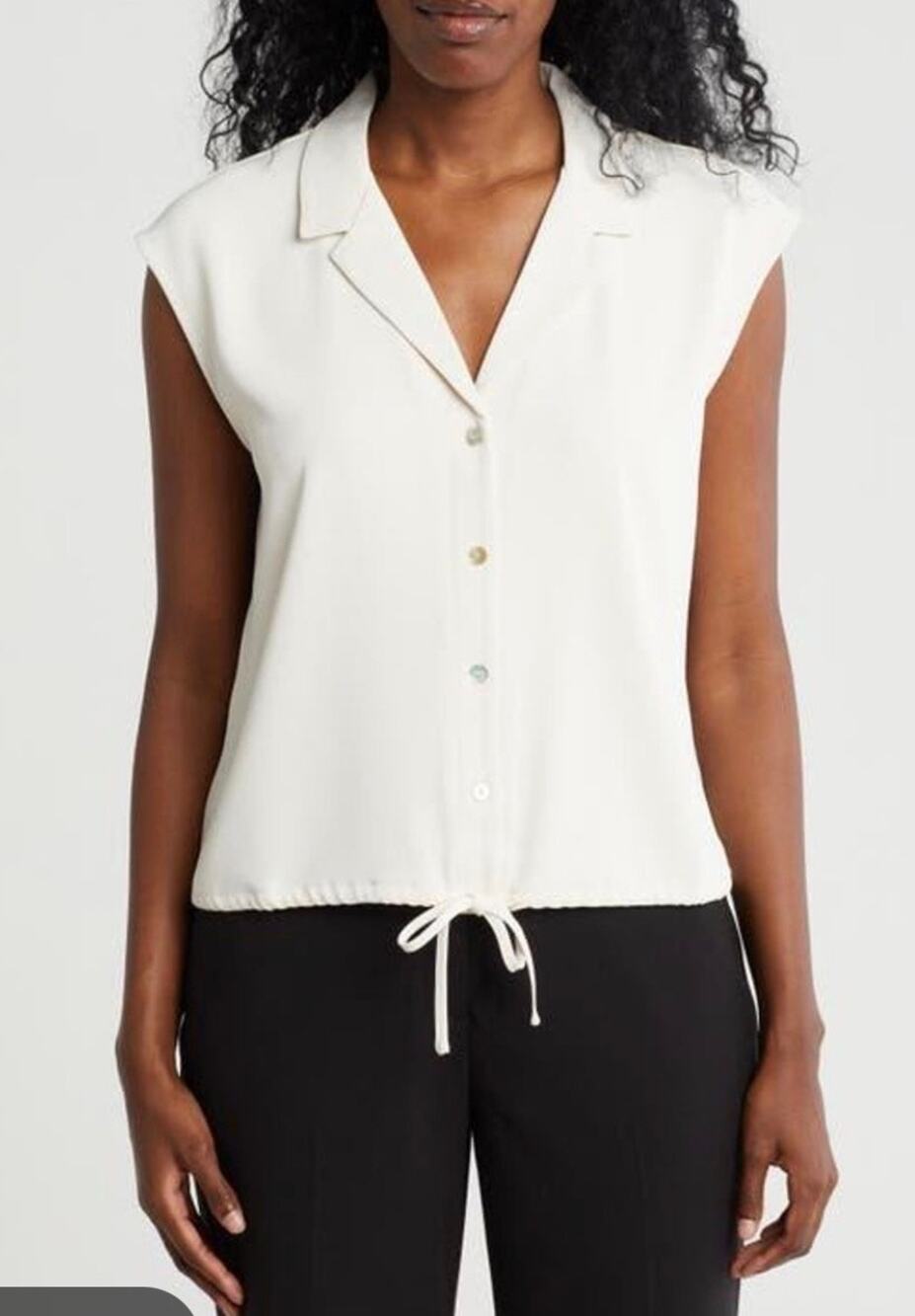 Melloday Cream Sleeveless Collared Button Front Drawstring Hem Blouse Size L